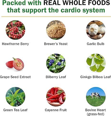 Cardio Food is packed with real whole foods that support the cardio system: hawthorne berry, brewer's yeast, garlic bulb, grape seed extract, bilberry leaf, ginkgo biloba leaf, green tea leaf, cayenne fruit and grass-fed bovine heart