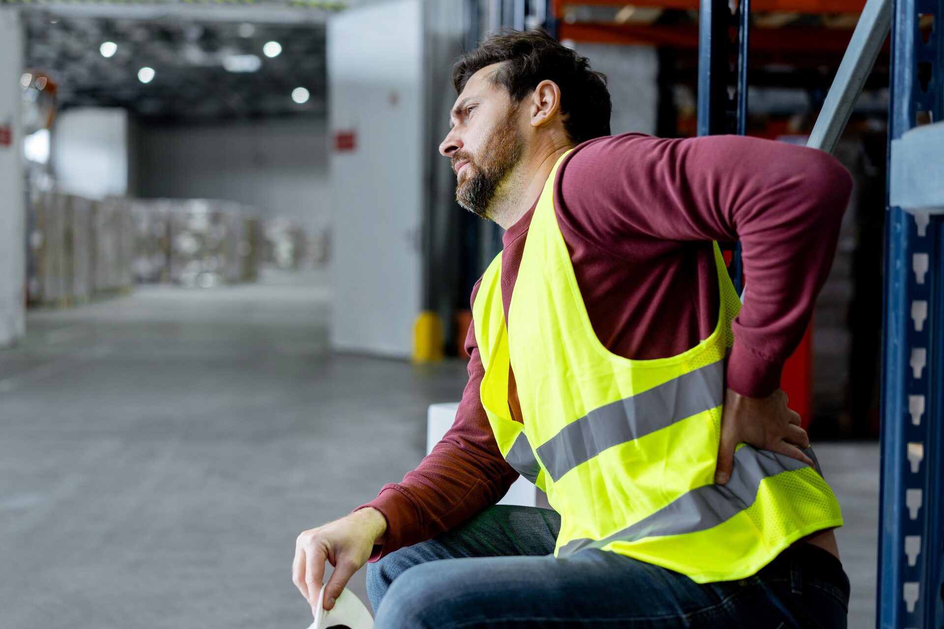 A warehouse worker in a hi-vis vest holding his lower back in pain on the job
