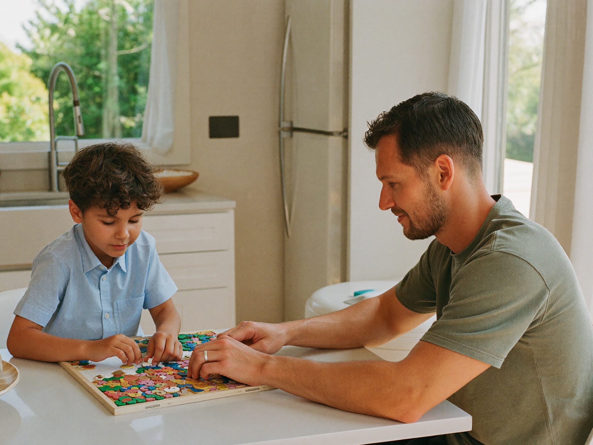 A father and son working calmly on a puzzle together in a bright kitchen