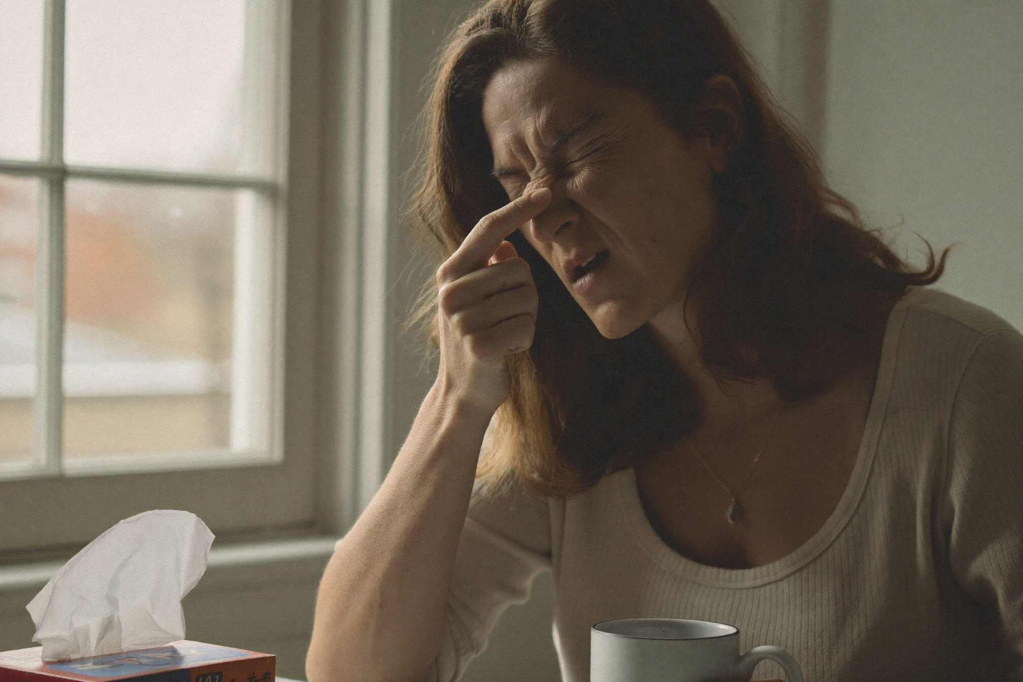 A woman at home pinching the bridge of her nose, worn down by sinus pressure and congestion